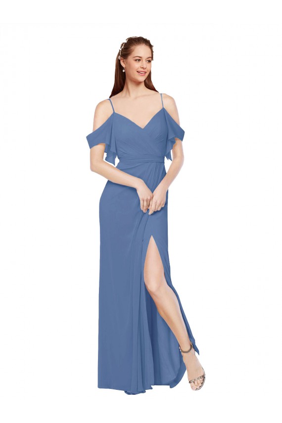 Soft Chiffon Off the Shoulder Sleeveless Windsor Blue Long Bridesmaid Dress Kent