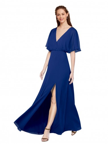 Chiffon V-Neck Flutter Sleeves Open Back Long Bridesmaid Dress / Evening Gowns Kent