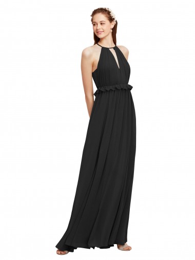 Soft Chiffon Halter Neck Sleeveless Keyhole Back Black Long Bridesmaid Dress Kent