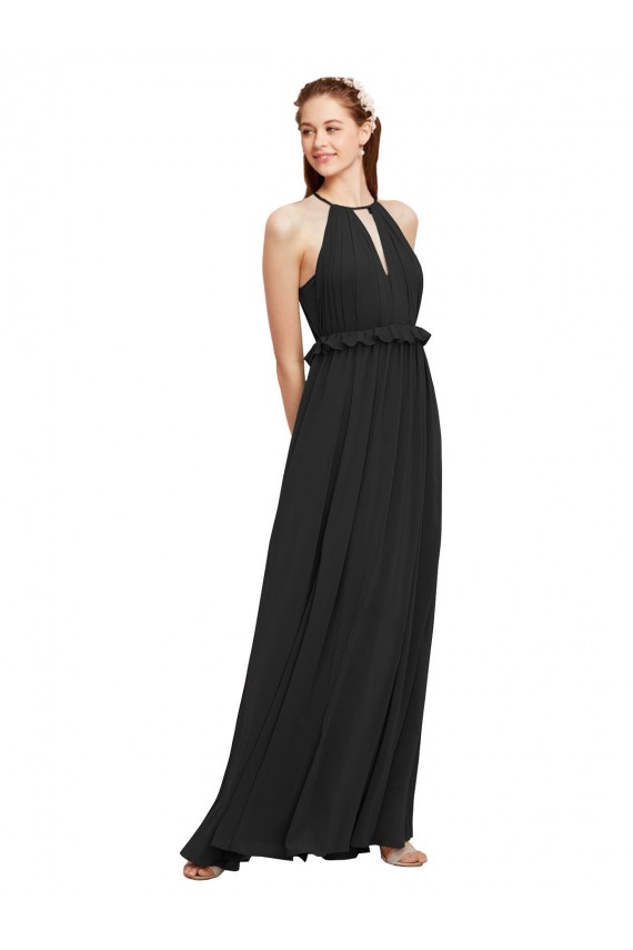 Soft Chiffon Halter Neck Sleeveless Keyhole Back Black Long Bridesmaid Dress Kent
