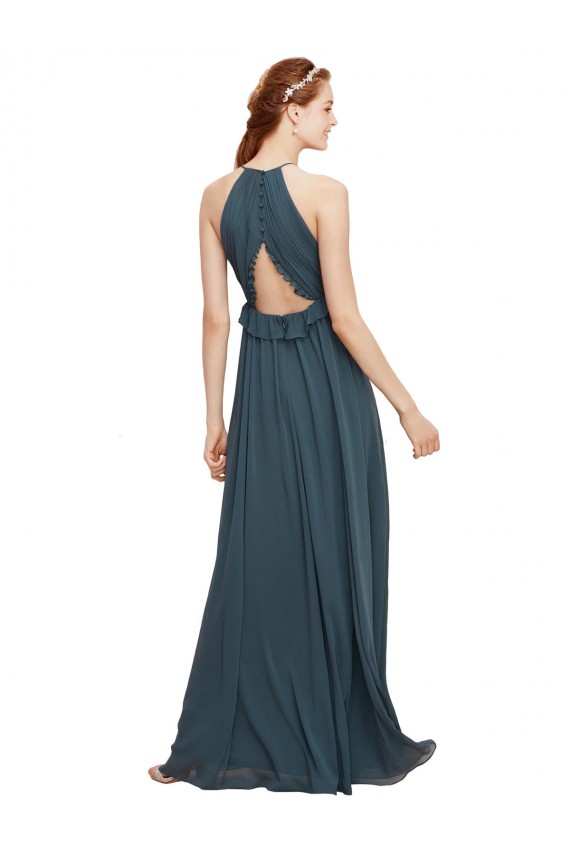 Soft Chiffon Halter Neck Sleeveless Keyhole Back Black Long Bridesmaid Dress Kent