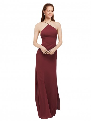 Soft Chiffon Halter Neck Sleeveless Open Back Burgundy Long Formal Dress / Bridesmaid Dress Kent