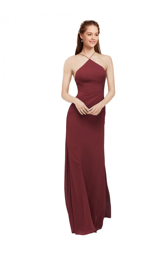 Soft Chiffon Halter Neck Sleeveless Open Back Burgundy Long Formal Dress / Bridesmaid Dress Kent