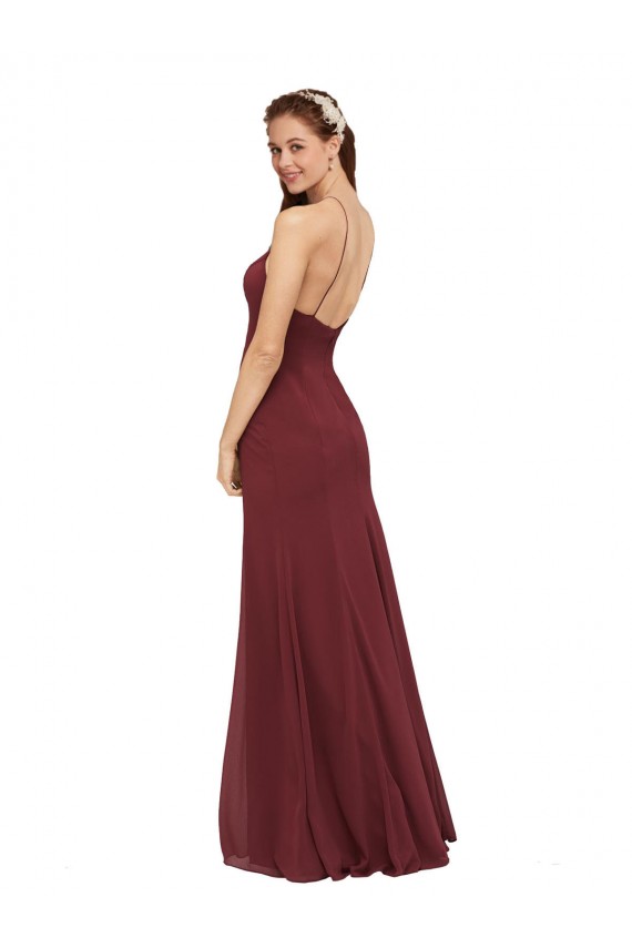 Soft Chiffon Halter Neck Sleeveless Open Back Burgundy Long Formal Dress / Bridesmaid Dress Kent