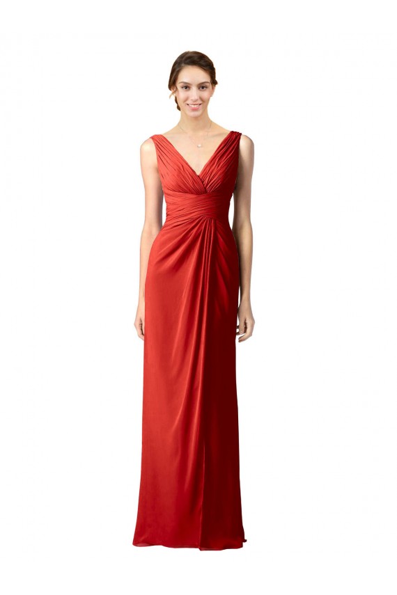 Soft Chiffon V-Neck Sleeveless V-Back Red Long Bridesmaid Dress Kent