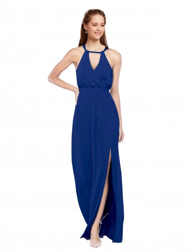 Soft Chiffon High Neck Sleeveless Royal Blue Long Bridesmaid Dress Kent