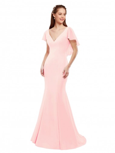 Soft Chiffon V-Neck Flutter Sleeves V-Back Pink Long Bridesmaid Dress Kent