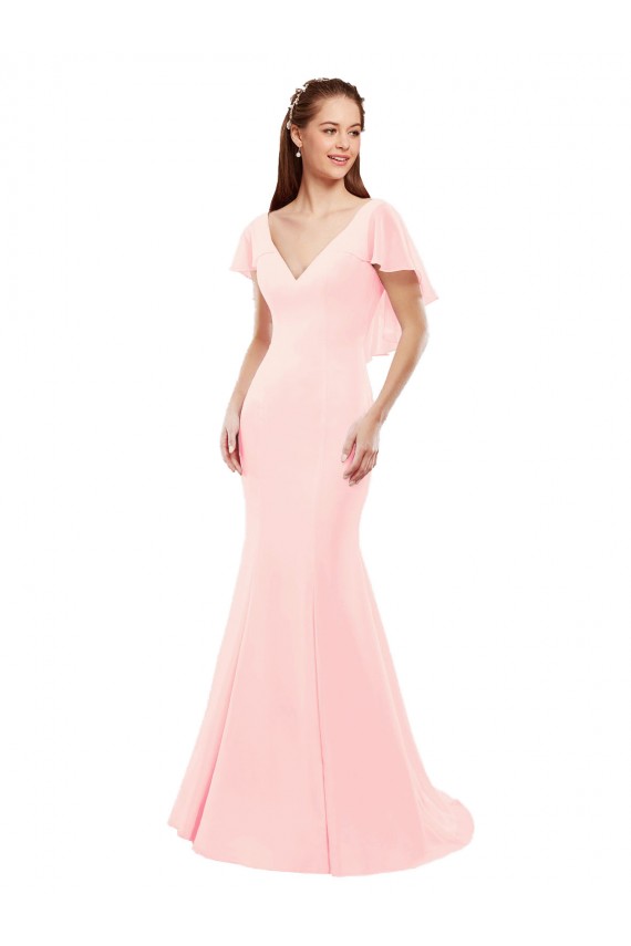 Soft Chiffon V-Neck Flutter Sleeves V-Back Pink Long Bridesmaid Dress Kent