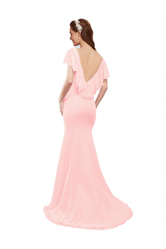 Soft Chiffon V-Neck Flutter Sleeves V-Back Pink Long Bridesmaid Dress Kent