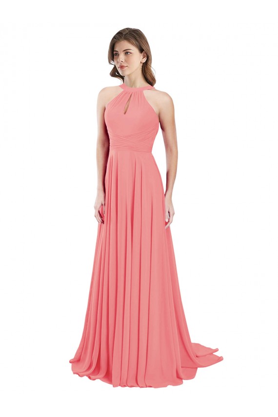 Chiffon Halter Neck Sleeveless Open Back Watermelon Long Bridesmaid Dress / Evening Dress Kent