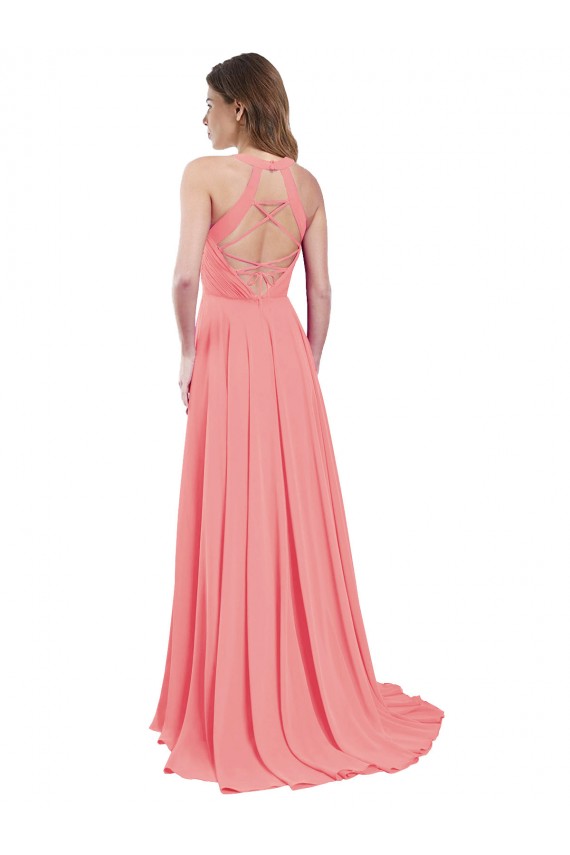 Chiffon Halter Neck Sleeveless Open Back Watermelon Long Bridesmaid Dress / Evening Dress Kent