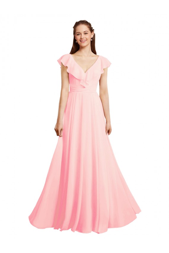 Chiffon V-Neck Cap Sleeves V-Back Long Bridesmaid Dress / Evening Gowns Kent