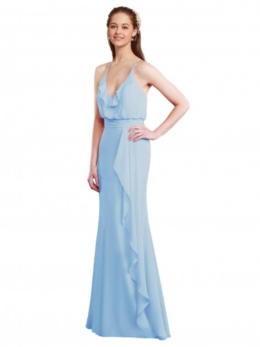 Soft Chiffon Spaghetti Straps Sleeveless Open Back Light Sky Blue Long Bridesmaid Dress Kent