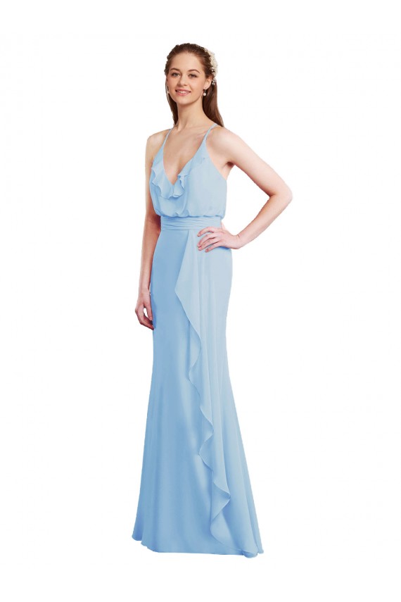 Soft Chiffon Spaghetti Straps Sleeveless Open Back Light Sky Blue Long Bridesmaid Dress Kent