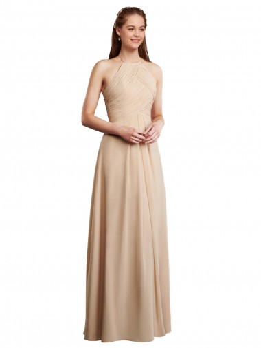 Soft Chiffon Halter Neck Sleeveless Low Back Champagne Long Bridesmaid Dress Kent