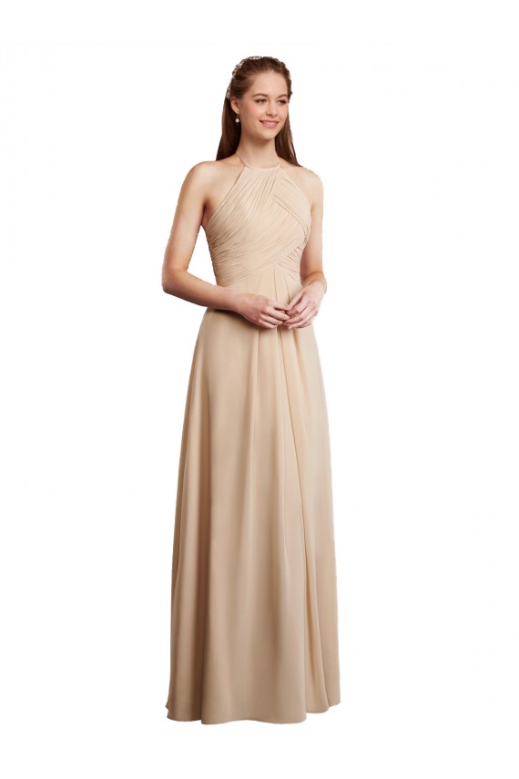 Soft Chiffon Halter Neck Sleeveless Low Back Champagne Long Bridesmaid Dress Kent