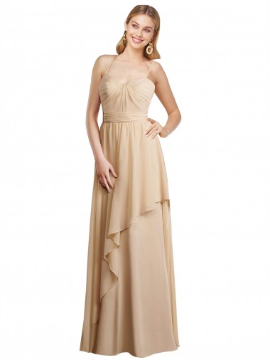 Soft Chiffon Spaghetti Straps Sleeveless Open Back Champagne Long Bridesmaid Dress Kent