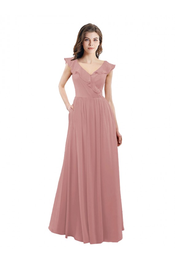 Soft Chiffon V-Neck Cap Sleeves V-Back Dusty Pink Long Bridesmaid Dress Kent