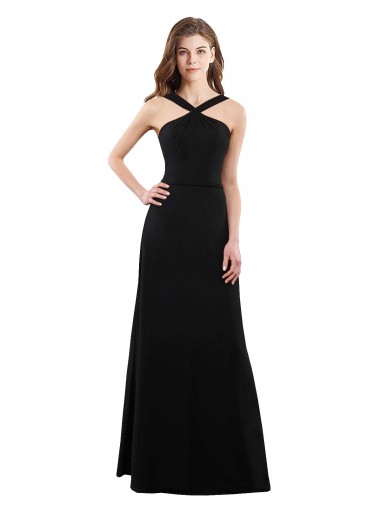Soft Chiffon Halter Neck Sleeveless Open Back Black Long Bridesmaid Dress Kent