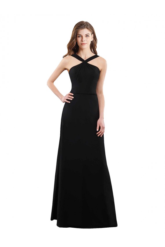 Soft Chiffon Halter Neck Sleeveless Open Back Black Long Bridesmaid Dress Kent