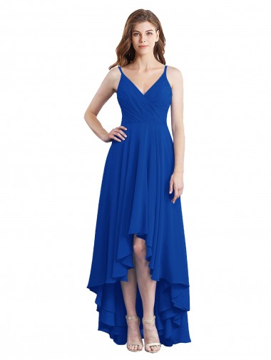 Soft Chiffon Spaghetti Straps Sleeveless Open Back Long High Low Bridesmaid Dress Kent