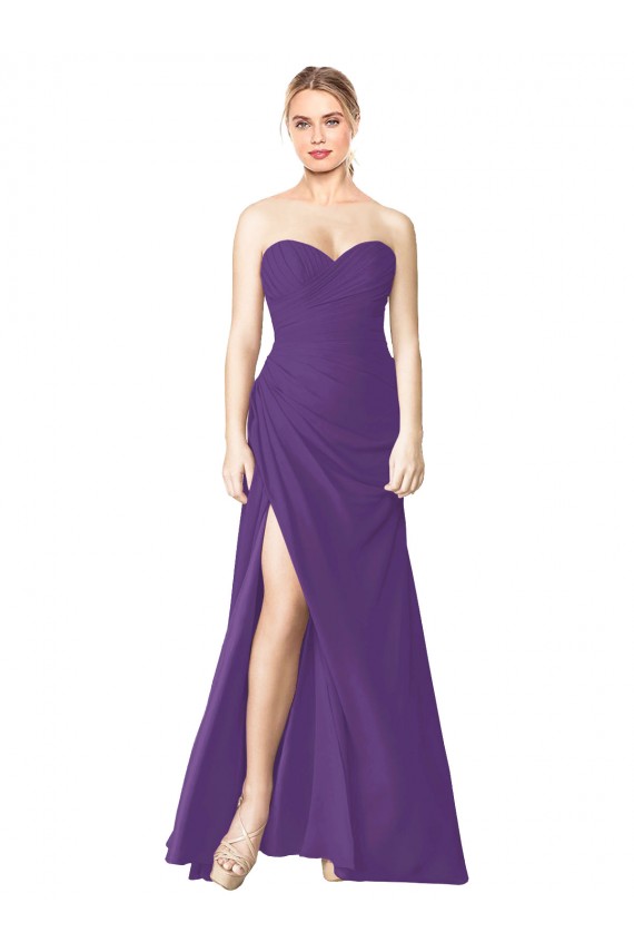 Soft Chiffon Sweetheart Sleeveless Low Back Plum Purple Long Bridesmaid Dress Kent