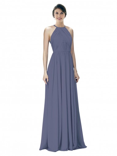 Soft Chiffon Halter Neck Sleeveless Open Back Silver Stone Long Formal Dress / Bridesmaid Dress Kent