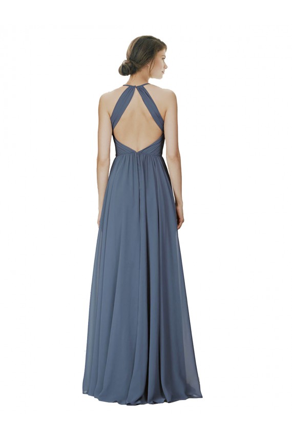 Soft Chiffon Halter Neck Sleeveless Open Back Silver Stone Long Formal Dress / Bridesmaid Dress Kent