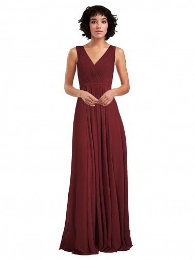Soft Chiffon V-Neck Sleeveless V-Back Burgundy Long Bridesmaid Dress Kent