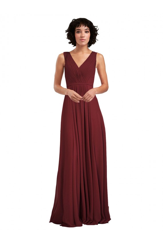 Soft Chiffon V-Neck Sleeveless V-Back Burgundy Long Bridesmaid Dress Kent
