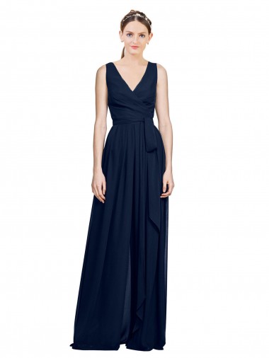 Chiffon V-Neck Sleeveless Dark Navy Long Wedding Party Dress Kent