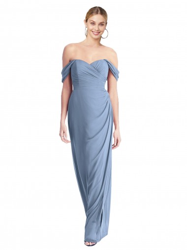 Soft Chiffon Off the Shoulder Sleeveless Low Back Dusty Blue Long Semi Formal Evening Dress / Bridesmaid Dress Kent