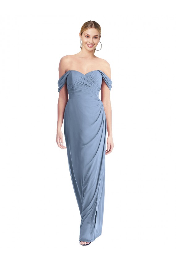Soft Chiffon Off the Shoulder Sleeveless Low Back Dusty Blue Long Semi Formal Evening Dress / Bridesmaid Dress Kent