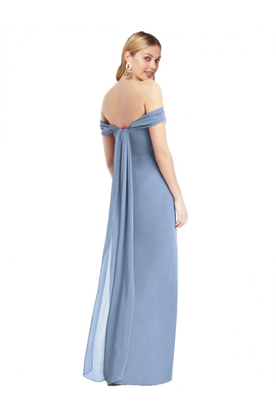 Soft Chiffon Off the Shoulder Sleeveless Low Back Dusty Blue Long Semi Formal Evening Dress / Bridesmaid Dress Kent