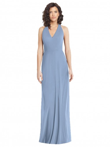 Soft Chiffon Halter Neck Sleeveless Open Back Dusty Blue Long Formal Evening Gown / Bridesmaid Dress Kent