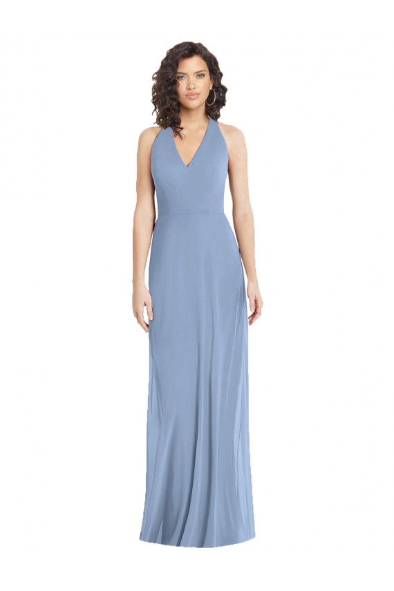 Soft Chiffon Halter Neck Sleeveless Open Back Dusty Blue Long Formal Evening Gown / Bridesmaid Dress Kent