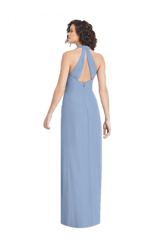 Soft Chiffon Halter Neck Sleeveless Open Back Dusty Blue Long Formal Evening Gown / Bridesmaid Dress Kent