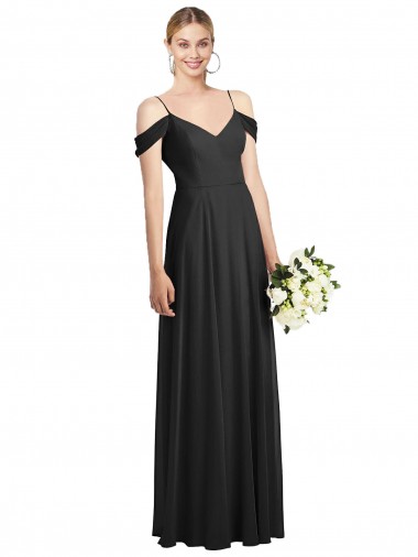 Soft Chiffon Spaghetti Straps Cold Shoulder Black Long Semi Formal Evening Dress / Bridesmaid Dress Kent