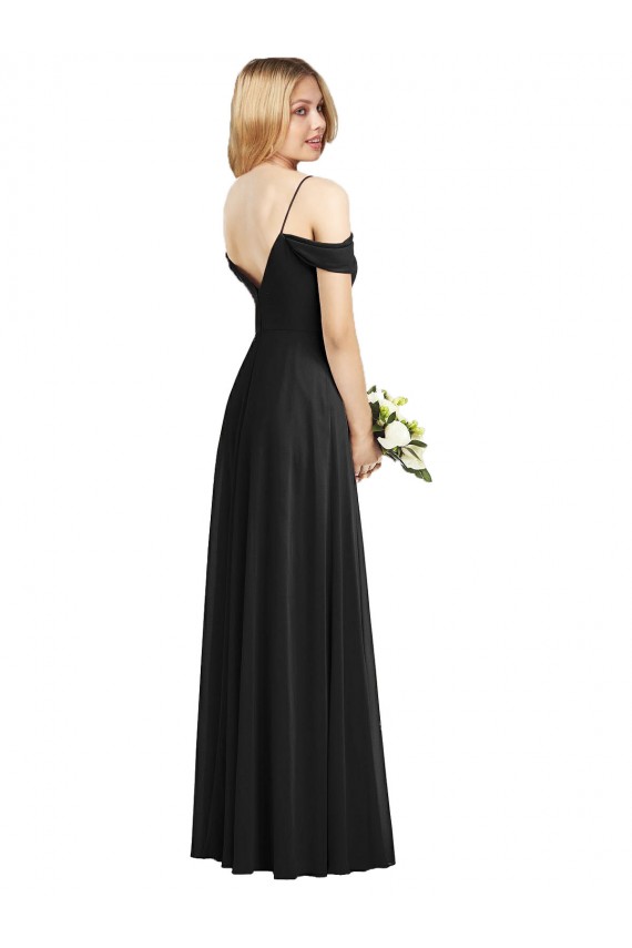 Soft Chiffon Spaghetti Straps Cold Shoulder Black Long Semi Formal Evening Dress / Bridesmaid Dress Kent