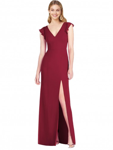 Soft Chiffon V-Neck Ruffle Sleeves Tie Back Long Bridesmaid Dress Kent