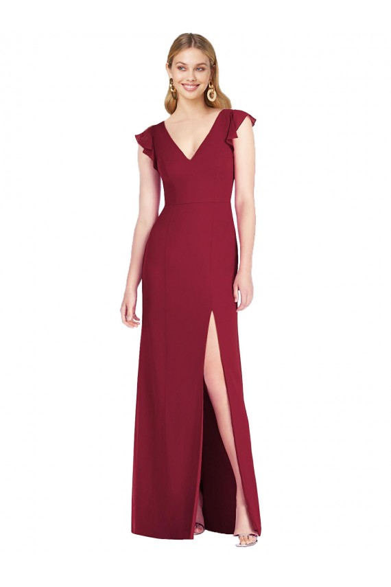 Soft Chiffon V-Neck Ruffle Sleeves Tie Back Long Bridesmaid Dress Kent
