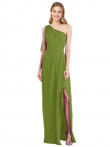 Soft Chiffon One Shoulder Sleeveless Olive Green Long Bridesmaid Dress Kent