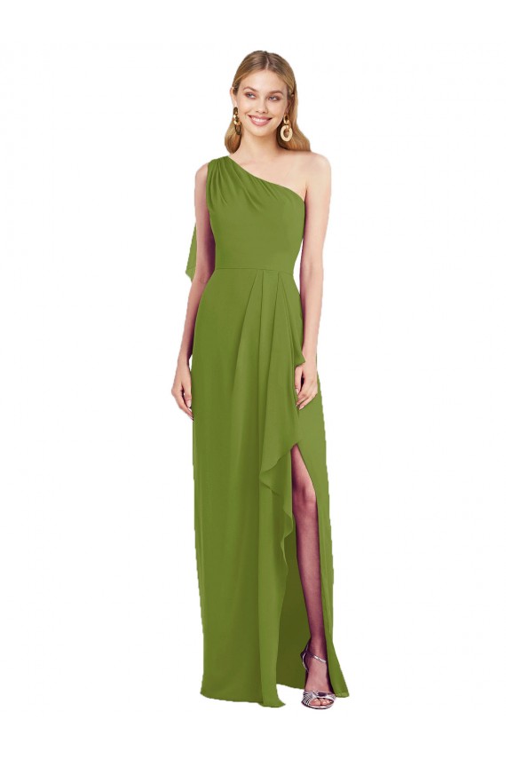 Soft Chiffon One Shoulder Sleeveless Olive Green Long Bridesmaid Dress Kent