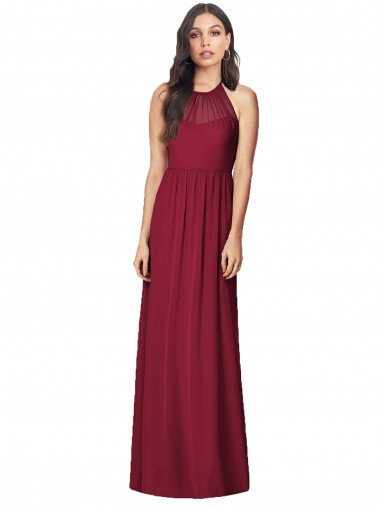 Soft Chiffon Halter Neck Sleeveless Burgundy Long Bridesmaid Dress Kent