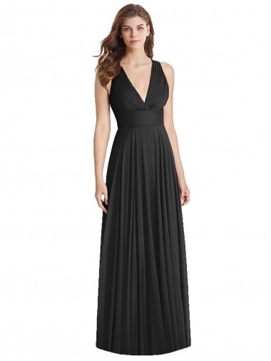 Soft Chiffon V-Neck Sleeveless Open Back Black Long Bridesmaid Dress Kent