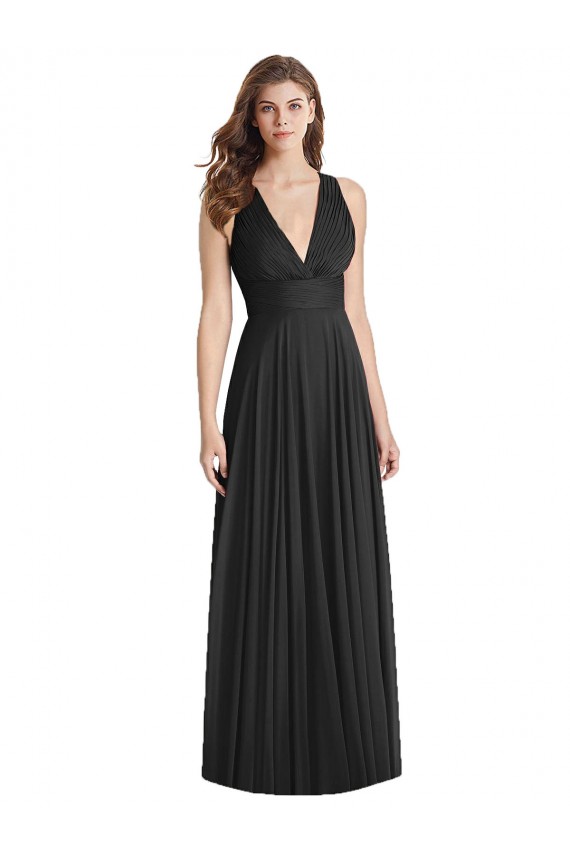 Soft Chiffon V-Neck Sleeveless Open Back Black Long Bridesmaid Dress Kent