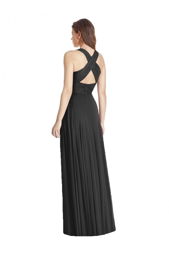 Soft Chiffon V-Neck Sleeveless Open Back Black Long Bridesmaid Dress Kent