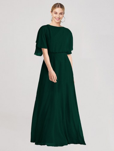 Soft Chiffon Round Neck Flutter Sleeves Tie Back Long Bridesmaid Dress Kent
