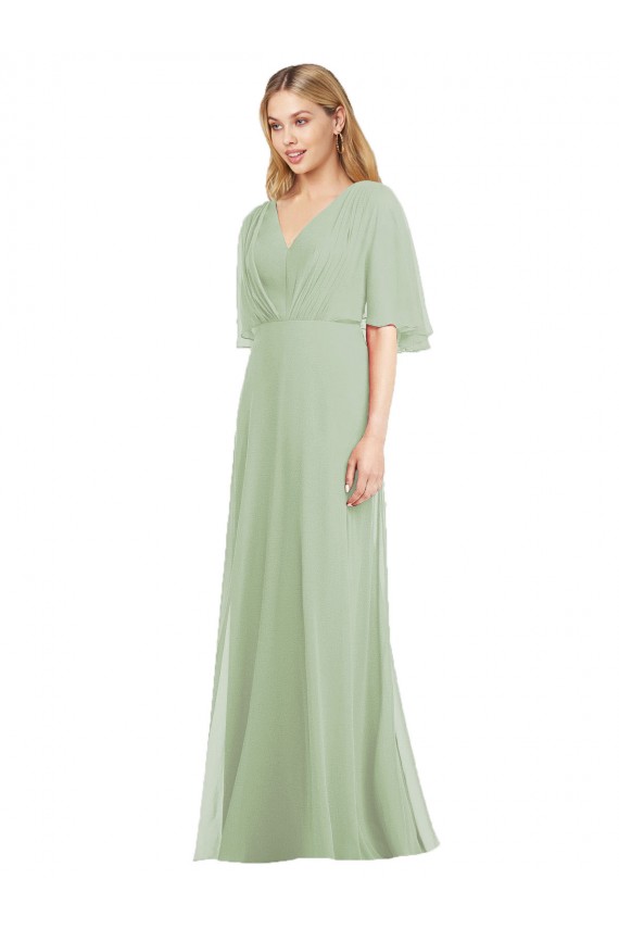 Soft Chiffon V-Neck Flutter Sleeves Long Bridesmaid Dress Kent