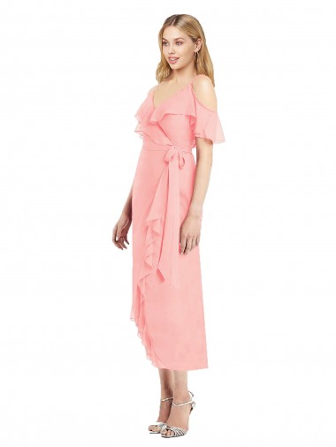 Soft Chiffon Spaghetti Straps Cold Shoulder Cocktail Length High Low Bridesmaid Dress Kent